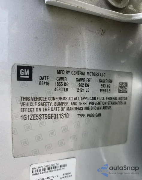 2016 Chevrolet Malibu Lt z USA, uszkodzony, nr VIN 1G1ZE5ST5GF311310